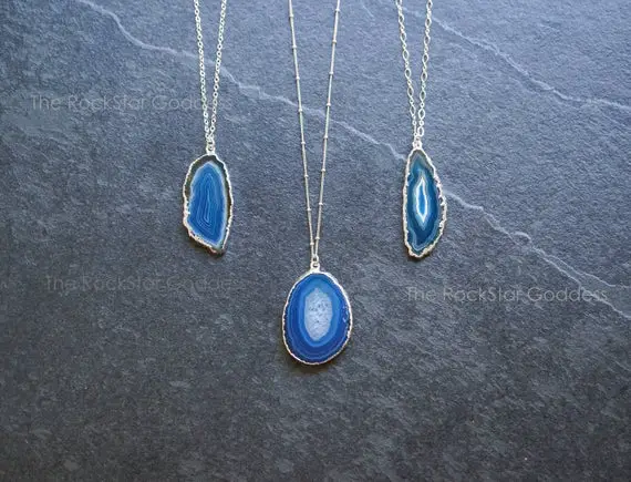 Blue Agate Necklace, Silver Druzy Necklace, Silver Geode Necklace, Agate Slice Necklace, Blue Agate Pendant, Blue Agate Jewelry