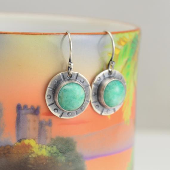 Amazonite Hammered Circle Sterling Silver Earrings