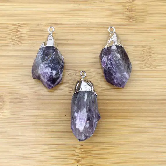 15-25mmx40-55mm Large Freeform Amethyst Nugget Point Pendant, Silver Electroplated Edges, Raw Natural Amethyst Healing Crystal Charm---tr106