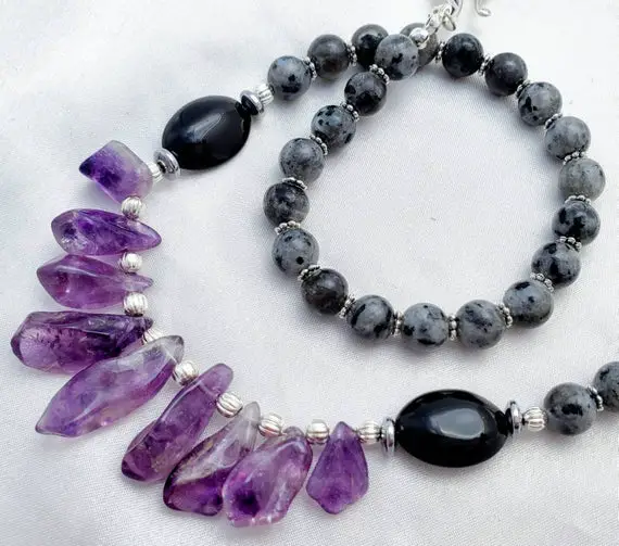 Long Amethyst Statement Necklace With Larvikite. Purple, Gray & Black Crystal Gemstone Shard Jewelry. February Birthstone.