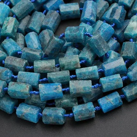 Matte Natural Blue Apatite Tube Nugget Raw Rough Frosty Beads Faceted Rectangle Cylinder Natural Teal Blue Gemstone 15.5" Strand