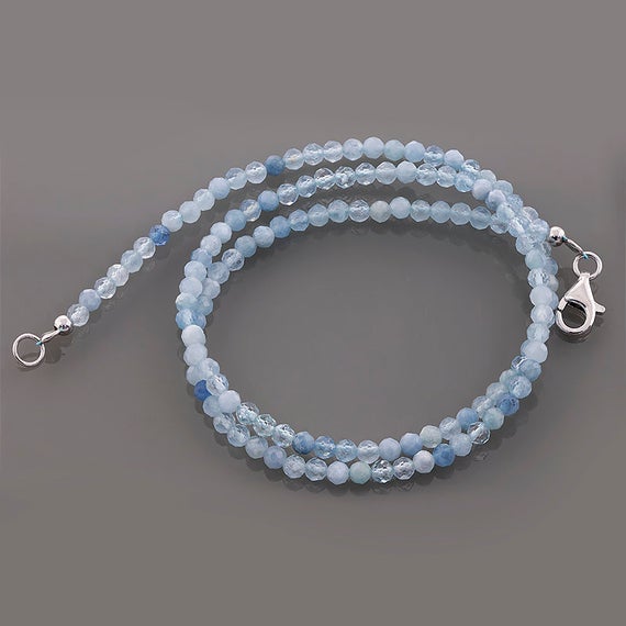 Natural Aquamarine Faceted Beads Necklace, Loose Aquamarine Stone Beads Silver Hand Made Jewelry, March Birthstone Aquamarine
