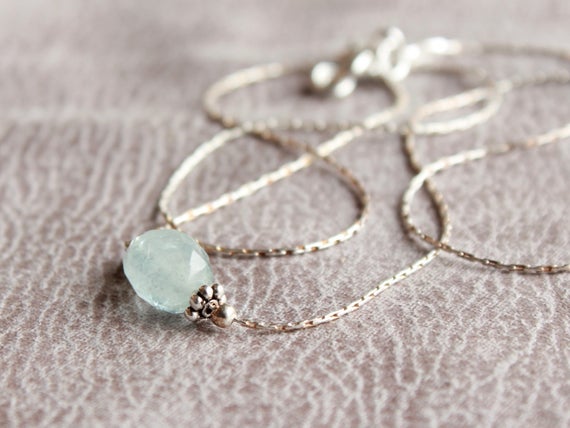 Aquamarine Sterling Silver Necklace, Genuine Natural Pale Blue Gemstone Dainty Minimalist Pendant Choker March Birthstone Gift For Her 4608