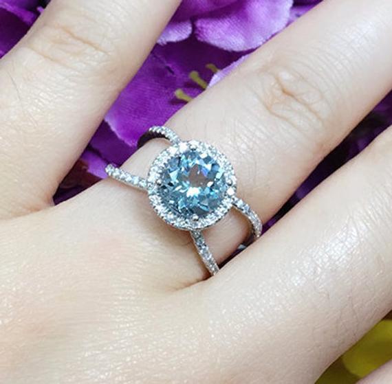 14k 2ct Aquamarine Diamond Engagement Ring / Diamond Wedding Ring / Aquamarine Bridal Ring / Anniversary Ring / White Gold / Promise Ring