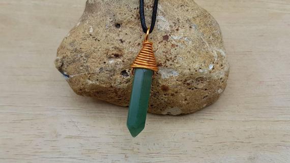 Copper Green Aventurine Point Pendant. Reiki Jewelry Uk. Wire Wrap Pendant. Hexagonal Point Necklace. 30x9mm Stone