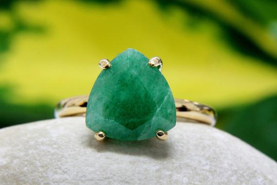 Green Aventurine Ring · Gold Gemstone Ring · Gold Trillion Cut Ring · 18k Stacking Ring · Solid Gold Solitaire Ring