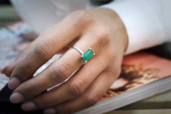 Emerald Cut Green Aventurine Ring · Rectangle Silver Ring · Green Stone Ring · Thin Stackable Solitaire Ring · Simple Gemstone Ring