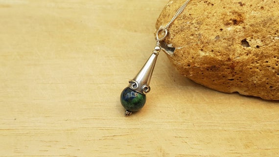 Rare Azurite Cone Pendant Necklace. Reiki Jewelry Uk. 10mm Stone. Blue Green Semi Precious Stone. Bali Silver Beads