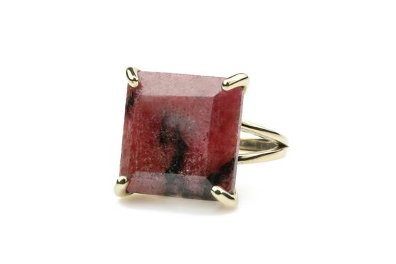 Raw Rhodonite Ring · Square Ring · Princess Cut Ring · Double Band Gold Ring · Gold Filled Ring · Stacking Ring · Statement Ring