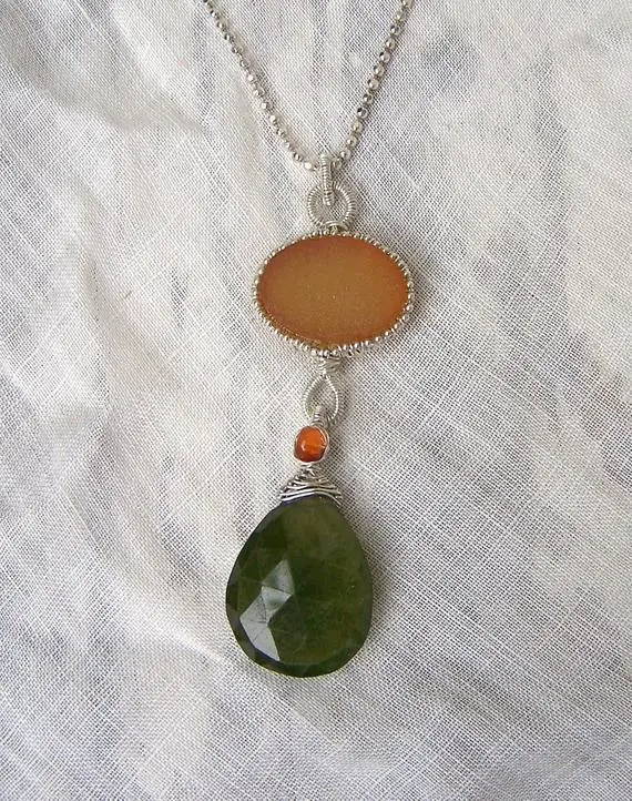 Carnelian Druzy Crystal, Faceted Vessonite  Indocrase Briolette, Sterling Silver  Ball Chain, Necklace