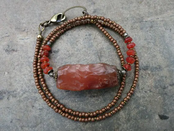 Rough Red Carnelian Necklace, Raw Orange Stone Rustic Bohemian Or Tribal Style Handmade Beaded Jewelry