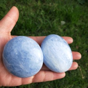 Shop Celestite Stones & Crystals! Large Blue Calcite Palm Stone | Natural genuine stones & crystals in various shapes & sizes. Buy raw cut, tumbled, or polished gemstones for making jewelry or crystal healing energy vibration raising reiki stones. #crystals #gemstones #crystalhealing #crystalsandgemstones #energyhealing #affiliate #ad