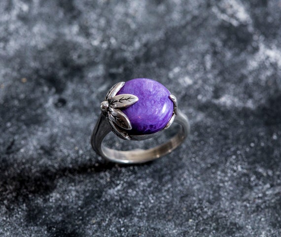 Leaf Ring, Charoite Ring, Natural Charoite, Purple Ring, Vintage Ring, Scorpio Birthstone, Purple Charoite Ring, Solid Silver Ring, Charoite