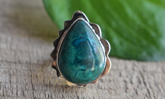 Natural Chrysocolla Ring,chrysocolla Ring,925 Silver Ring,natural Green Chrysocolla Ring,chrysocolla Ring,drop Shape Ring,