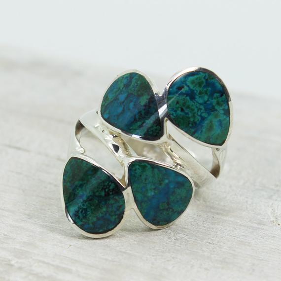 A Stunning Chrysocolla Ring With Four Teardrop Shape Natural Chrysocolla Stone From Peru Set On 925 Sterling Silver And Confortable