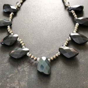 Shop Rainbow Obsidian Jewelry! Chunky Statement Necklace, Rainbow Obsidian, Black Stone, Pyrite, Natural Stone, Faceted Stone, Silver Crystal, Gift for Her   602 | Natural genuine Rainbow Obsidian jewelry. Buy crystal jewelry, handmade handcrafted artisan jewelry for women.  Unique handmade gift ideas. #jewelry #beadedjewelry #beadedjewelry #gift #shopping #handmadejewelry #fashion #style #product #jewelry #affiliate #ad