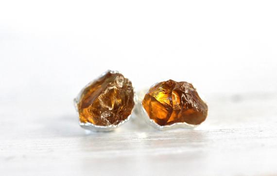 Citrine Earrings - Rough Crystal Studs - November Birthstone Earrings - Raw Crystal Studs - Sterling Silver Post Earrings