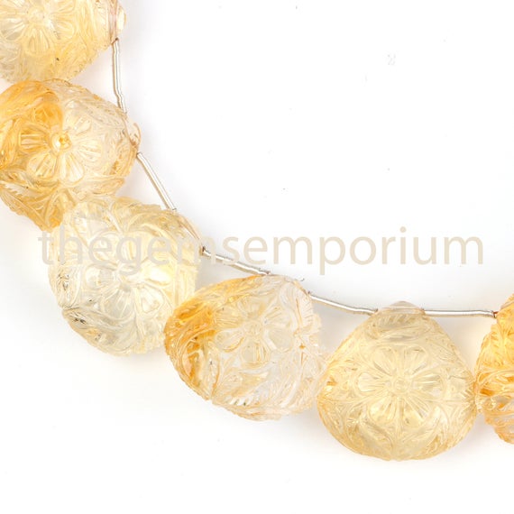 Extremely Rare Flower Carving Citrine Heart Shape Beads, Citrine Carving Heart Shape Beads, Citrine Heart Shape Carving Beads, Citrine Fancy