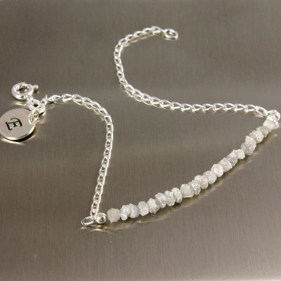 White Rough Diamond Bracelet Sterling Silver - 2 Inch Long Diamonds - Initial Disk, Personalized Tag - Silver Initial Bracelet, Monogram