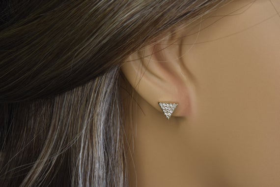 14kt Gold Triangle Shaped Diamond Earrings | Minimalist Earrings | Anniversary Gift | Stud Earrings | Diamond Earrings | Geometric Earrings