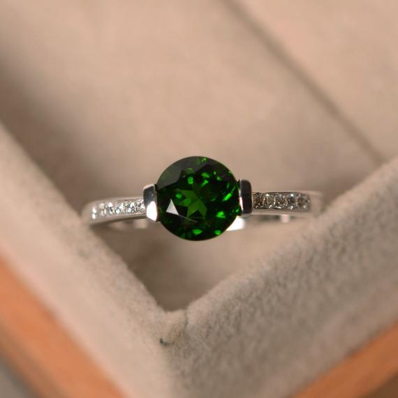 Chrome Diopside Ring, Natural Green Gemstone, Sterling Silver, Round Cut, Ring Size 4, Promise Ring For Her