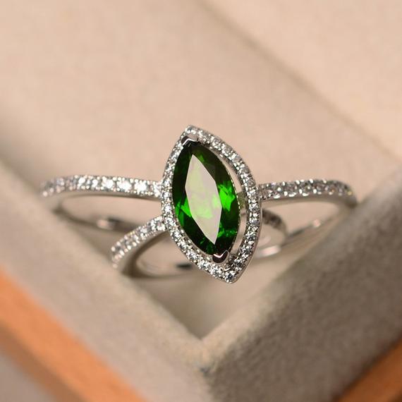 Natural Diopside Ring, Marquise Cut Green Gemstone, Sterling Silver Ring, Halo Ring, Promising Ring For Women
