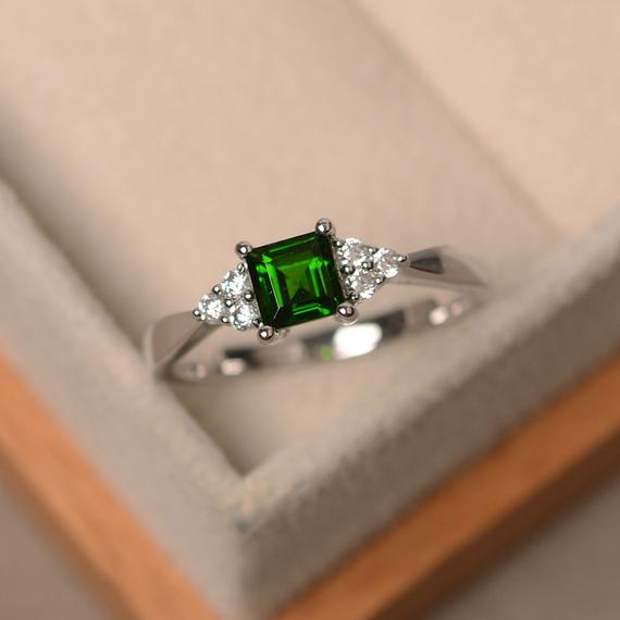 Diopside Ring, Square Cut Gemstone, Chrome Diopside, Sterling Silver Ring