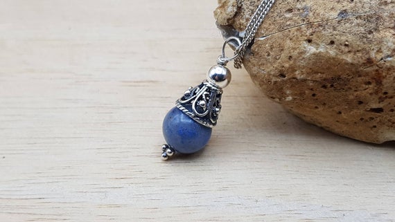 Small Dumortierite Pendant Necklace. Reiki Jewelry Uk. 10mm Blue Stone. Bali Silver Filigree Cone Necklace