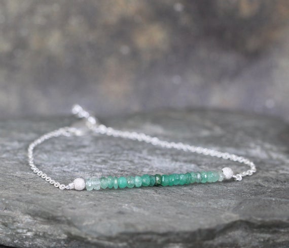 Emerald Bracelet - Ombre Emerald Bar Bracelet - Sterling Silver - Beaded Gemstone - May Birthstone - Modern Everyday Jewelry