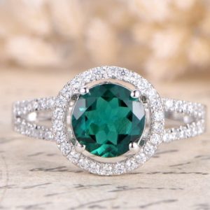 Emerald Engagement Ring 14K White Gold Ring Diamond Band 7mm Round Emerald Ring Split Shank Band Art Deco Ring Promise Ring, Rings For Women | Natural genuine Array rings, simple unique alternative gemstone engagement rings. #rings #jewelry #bridal #wedding #jewelryaccessories #engagementrings #weddingideas #affiliate #ad