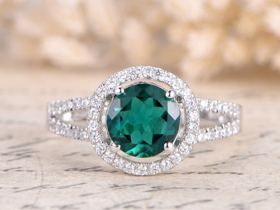Emerald Engagement Ring 14k White Gold Ring Diamond Band 7mm Round Emerald Ring Split Shank Band Art Deco Ring Promise Ring, Rings For Women