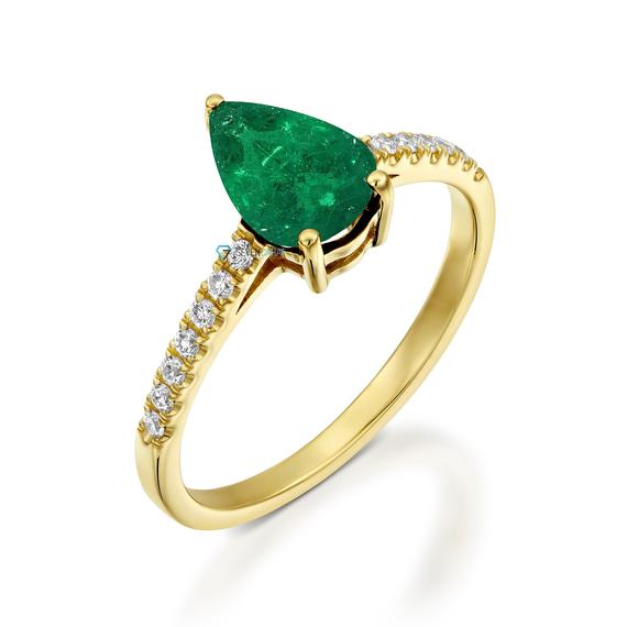 Emerald Engagement Ring -art Deco Emerald Engagement Ring -gold Ring-anniversary Present-promised Ring-emerald Ring-pear Shaped Emerald