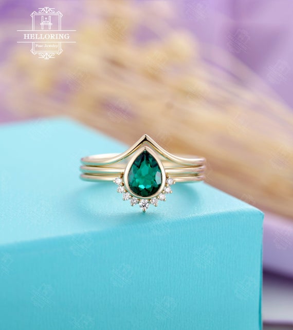 Pear Shaped Emerald Engagement Ring Set Yellow Gold Diamond Wedding Band Bezel Set Birthstone Bridal Set  Anniversary