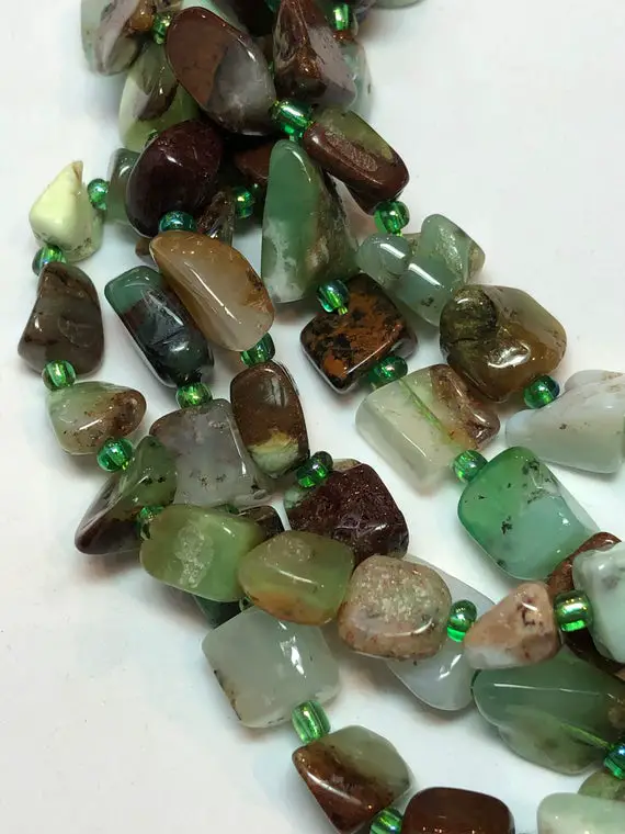 Free Form Nugget Chrysoprase Gemstone Beads. Full 15" Strand Of 8-10mm Mixed Green Beads, About 38 Beads Per Strand.
