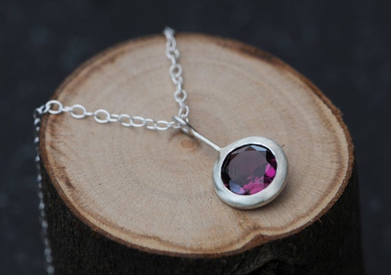 Rhodolite Garnet Necklace In Silver, Lollipop Necklace With Deep Pink Gemstone, Gift For Her