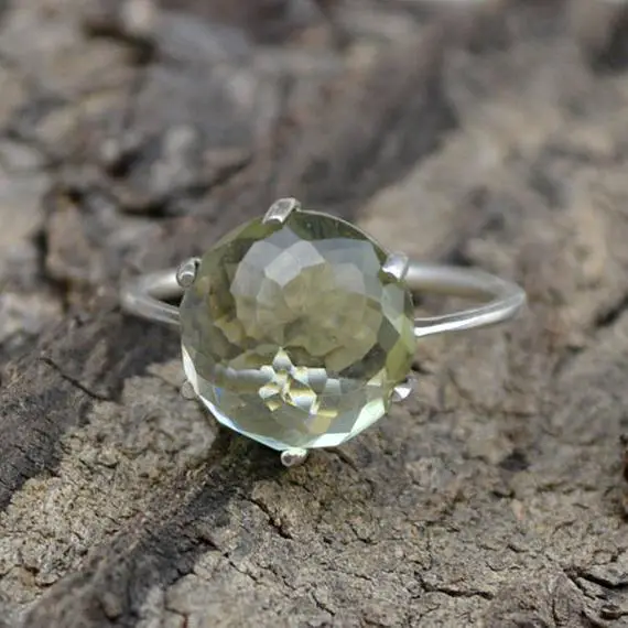 Rose Cut Prasiolite Ring, Round Green Quartz Ring, 925 Sterling Silver Ring, Prong Set Ring, Green Ring, Gift For Her, Birthstone Green Ring