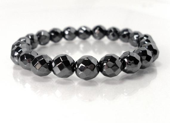 Hematite Faceted Bracelet 8mm Or 10mm, Natural Gemstone Bracelet,  Women Mens Stretch Beaded Bracelet, Gift For Her For Him + Gift Bag