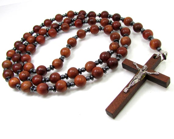 Wood And Hematite Handmade Rosary,  Mens Rosary, Women Rosary, Mens Cross Necklace, Wood Rosary, Wood Necklace + Gift Box