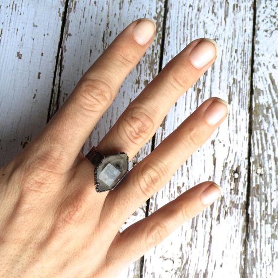Sale Large  Ring | Herkimer Diamond Ring | Raw Crystal Ring | Crystal Quartz Mineral Ring | Wide Band Stone Ring | Quartz Crystal Ring