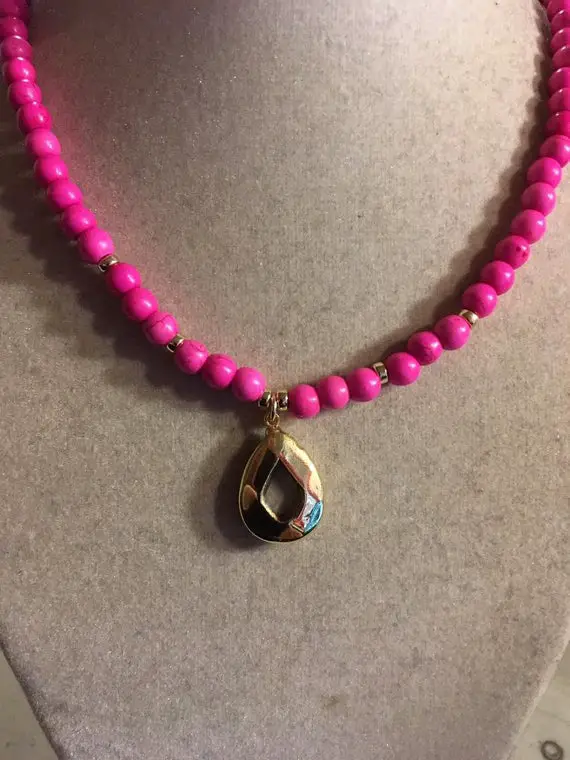 Hot Pink Necklace - Gold Jewelry - Howlite Gemstone Jewellery - Beaded - Pendant