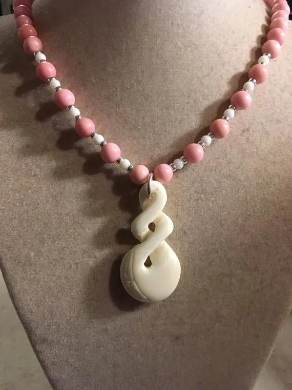 Pink Necklace - Sterling Silver Jewelry - Long - Howlite Gemstone Jewellery - Beaded - White Coral Pendant