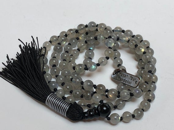 Natural Aaa Grade Labradorite Hand Knotted Mala Beads Necklace  Blessed Energized Karma Nirvana Meditation 108 Prayer Beads Healing Crystal