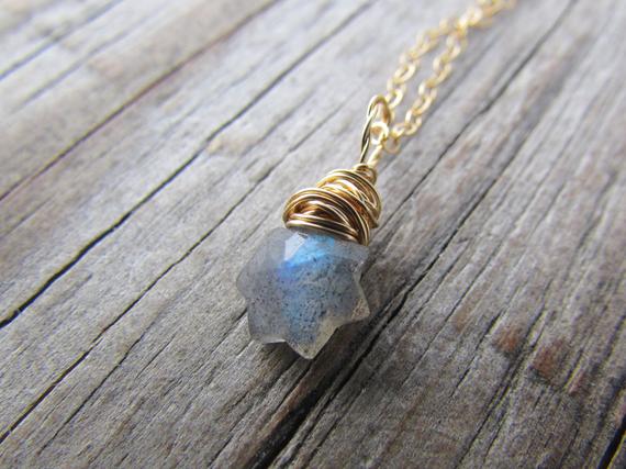 Labradorite Pendant, Tiny Faceted Stone Star, Wire Wrapped, Gold Labradorite Necklace