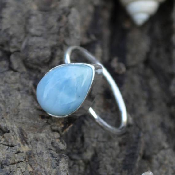 Natural Dominican Larimar Gemstone Ring, Larimar Ring, 925 Sterling Silver Tiny Ring, Pear Larimar Ring, Birthstone Ring, Gift For Her