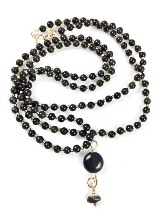 Obsidian Gold Necklace, Rainbow Obsidian Beads, Beaded Necklace