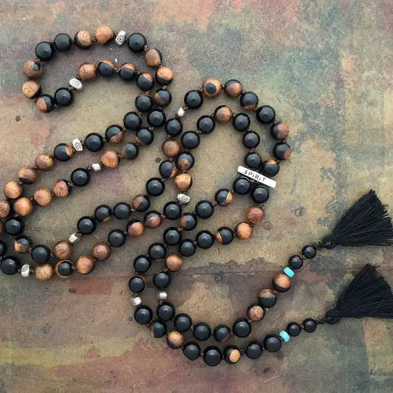 Mala Necklace 108 Mala Prayer Bead Necklace With Olive Wood, Rainbow Obsidian And Spirit-bone Charm