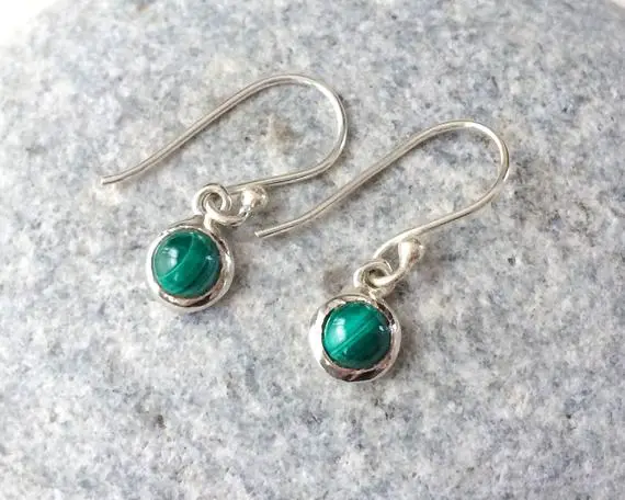 Tiny Round Malachite Earrings, Malachite Sterling Silver Earrings, Dangle Tiny Green Stone Earrings, Small Round Earrings, Malachite Jewelry