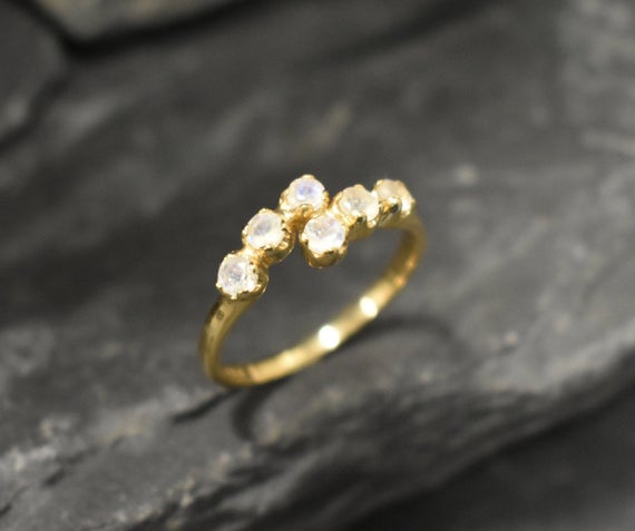 Gold Moonstone Band, Moonstone Band, Natural Moonstone, June Birthstone, Gold Asymmetric Ring, Moonstone Ring, Vintage Ring, 925 Silver Ring