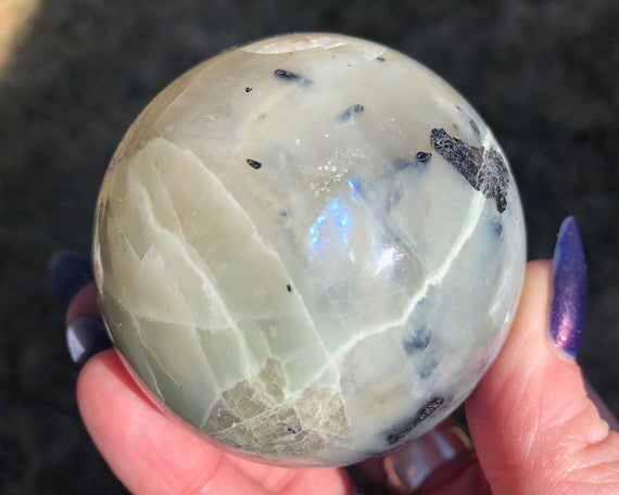 2.4" Garnierite Sphere With Blue Flash #9 Green Moonstone Crystal Ball, Shimmery Rainbows, Serpentine Feldspar, Gemstone Decor Gift For Her
