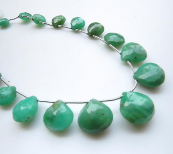 Natural Chrysoprase Heart Shaped Briolette Beads, 10mm To 14mm Chrysoprase Faceted Gemstone Beads Loose, Sold As 11"/18pcs, 5"/9pcs, Gds1324